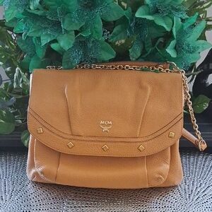 MCM Brown Leather Shoulder Bag with Gold Accents